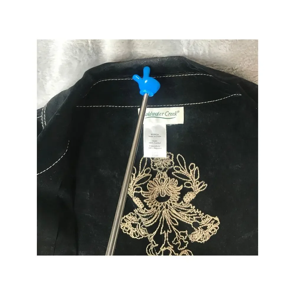 Coldwater Creek Leather Vest Womens L Black Floral Embroidered Zip Boho Western
